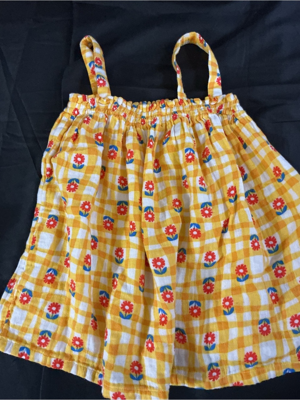 Hanna Andersson Yellow Gingham Tank Top with Red Floral Print